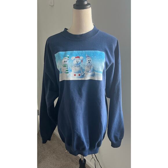 VTG Disney Blue Christmas Mickey Mouse Donald Duck Goofy Snowman Sweatshirt 3X - Picture 2 of 7